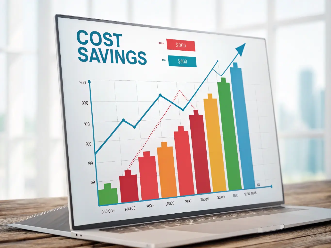 A visual representation of cost savings, such as a graph showing reduced IT spending or a stack of coins representing budget optimization.