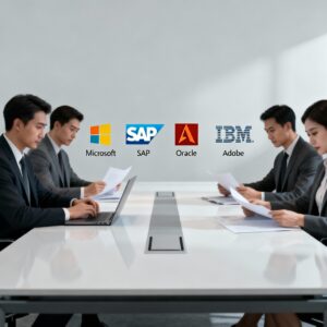 business men at table talking about software vendors