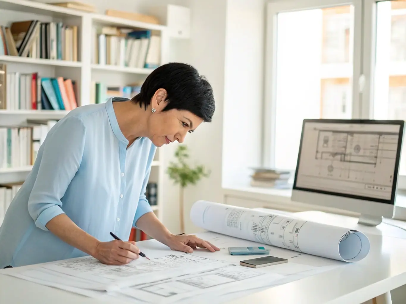 A professional office setting with a focus on compliance, showing a consultant reviewing IT asset reports on a computer screen, highlighting the importance of regulatory adherence.