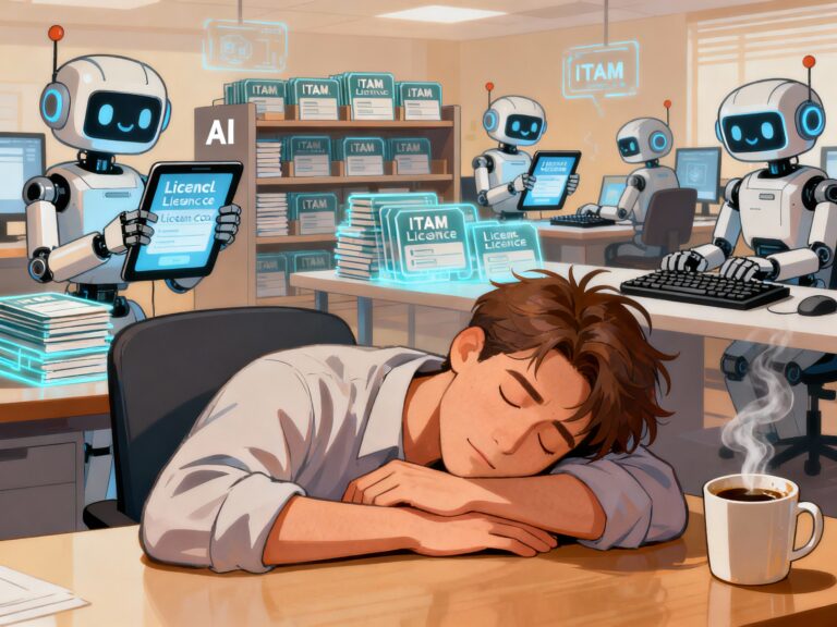 IT Manager sleeping peacefully while AI handles ITAM tasks automatically