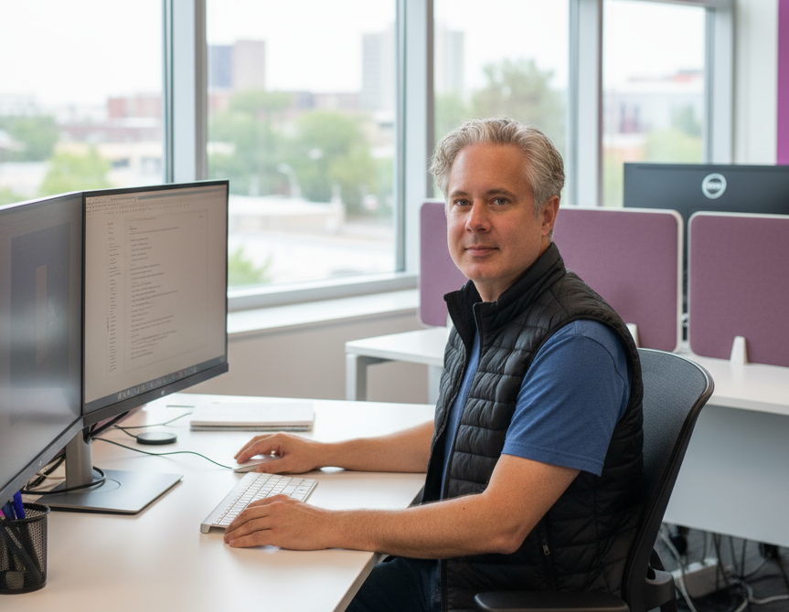 Max Schönhuber sitting on office desk with computer