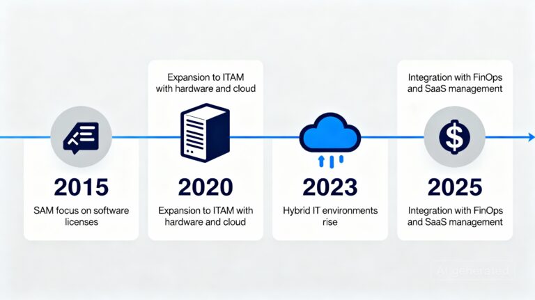 timeline graphic showing the evolution from SAM to ITAM and hybrid cloud adoption