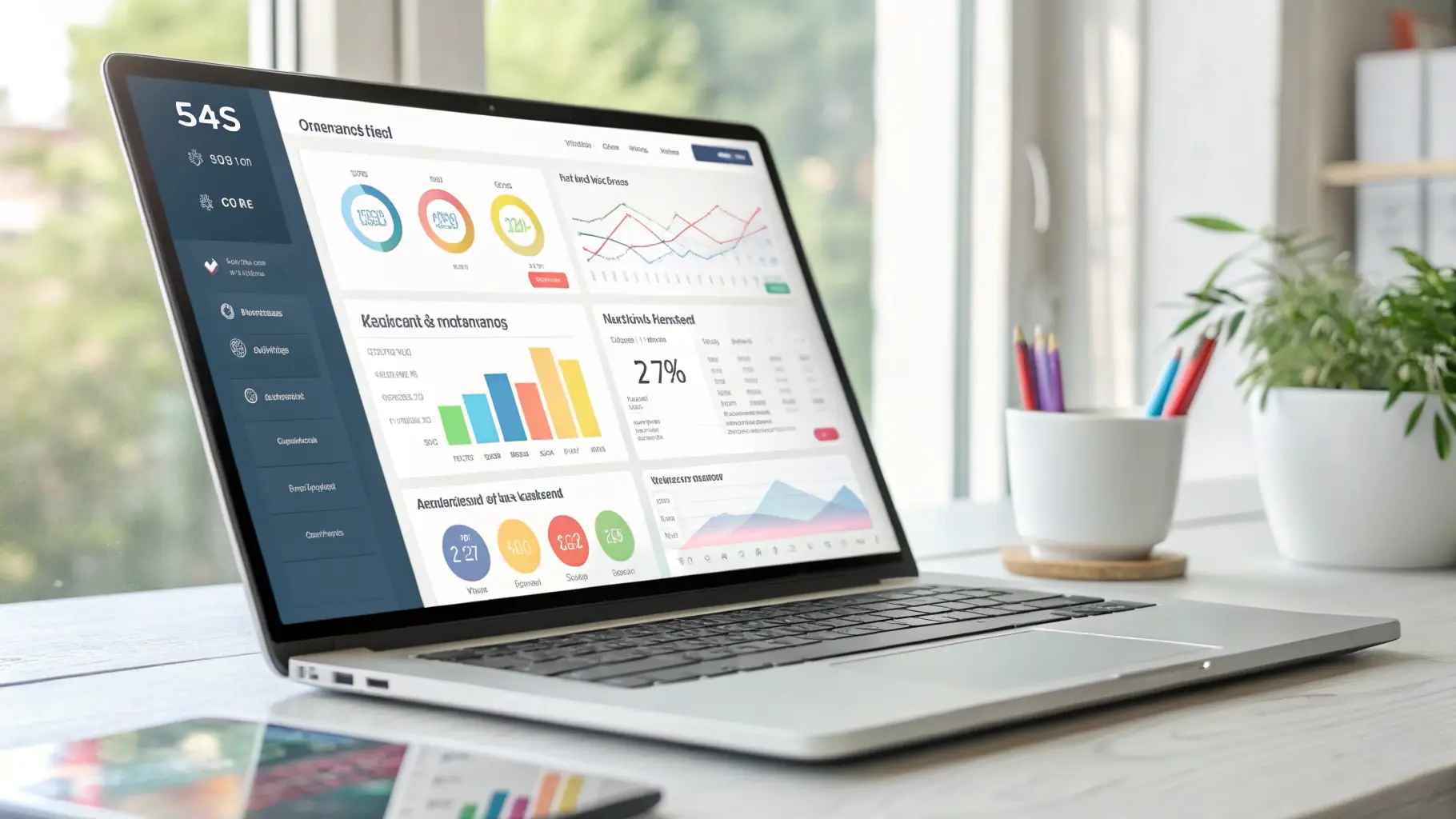 Laptop on table with dashboards for SaaS Management